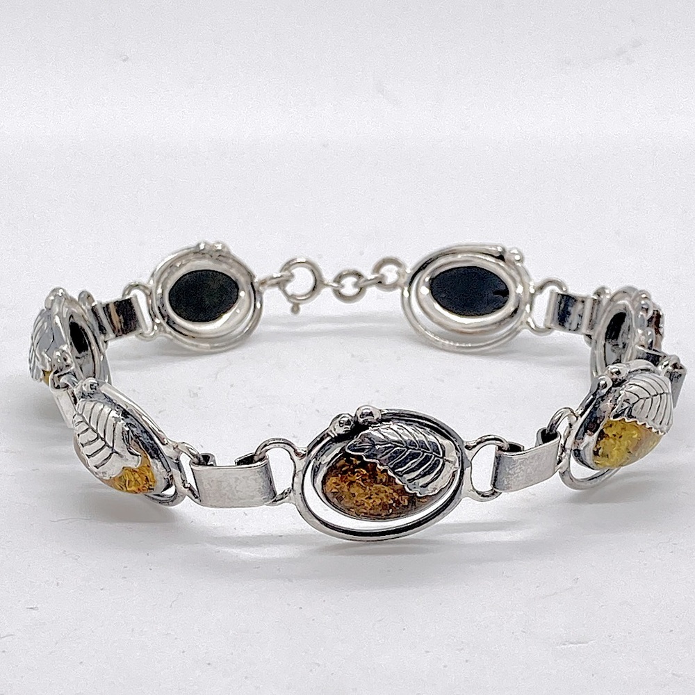 Vtg Sterling & Amber Floral Art Nouveau Revival Leaf & Vines Bracelet 8.5” | 18g